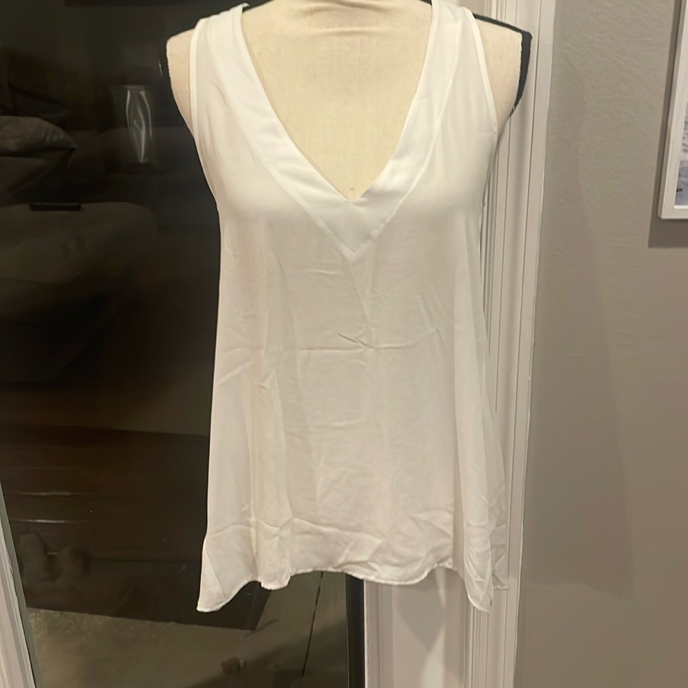 EUC Aqua White Sheer Blouse V Neck High Low Hem Size Small